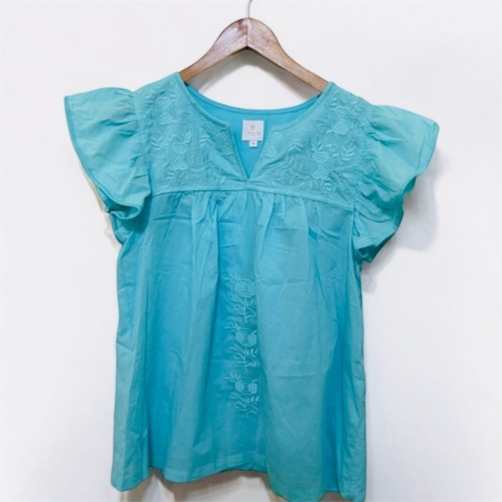 J. Marie Turquoise Embroidered Flutter Sleeve Blouse Size M NWT